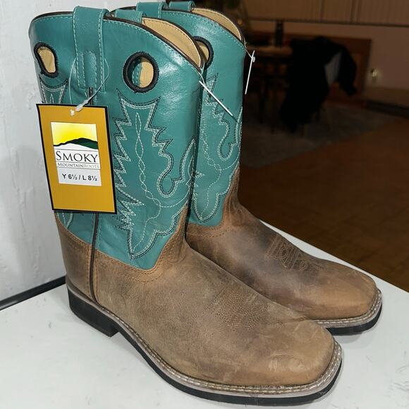 Smoky Mountain Girls' Turquoise/Brown Pueblo Western Boots Square Toe, Size 6.5Y - Picture 1 of 8